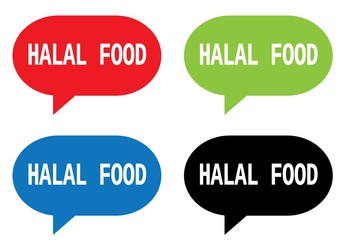HALAL FOOD text, on rectangle speech bubble sign.