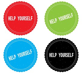 HELP YOURSELF text, on round wavy border stamp badge.