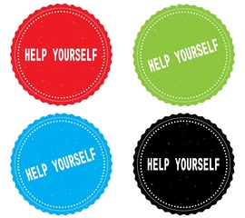 HELP YOURSELF text, on round wavy border stamp badge.