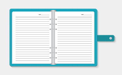 Open notebook on light gray background, vector illustration