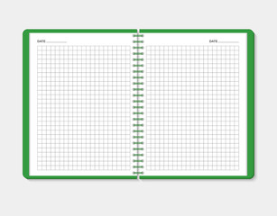 Open notebook on light gray background, vector illustration