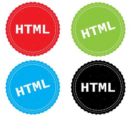 HTML text, on round wavy border stamp badge.