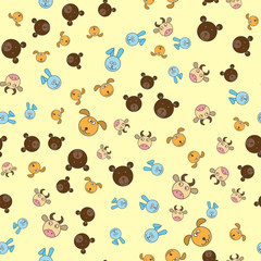 Fototapeta premium Child seamless pattern with muzzles of animals, bear, rabbit, dog and cow on a yellow background.
