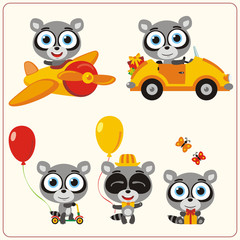 Set isolated raccoon for holiday design. Little raccoon in airplane, car, with balloons and gifts. Collection funny raccoon in cartoon style for children holiday and birthday.
