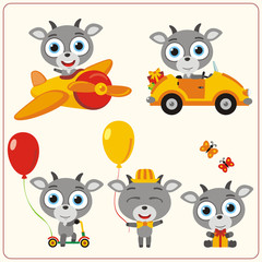 Set isolated goat for holiday design. Little goat in airplane, car, with balloons and gifts. Collection funny goat in cartoon style for children holiday and birthday.