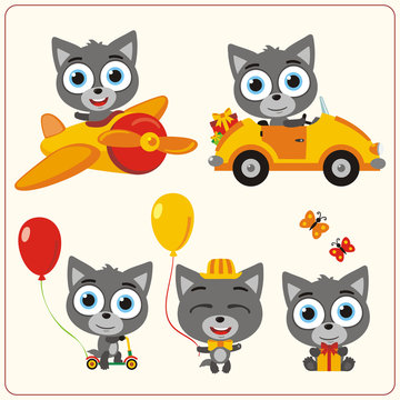 Set isolated wolf for holiday design. Little wolf in airplane, car, with balloons and gifts. Collection funny wolf in cartoon style for children holiday and birthday.