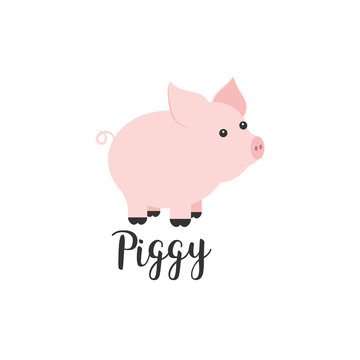 Flat color vector icon with cute animal for baby products - piggy. Cartoon style. Childrens doodle. Babyhood. Newborn. Vector illustration and element for your design, wallpaper. Zoo. Kids. Farm.