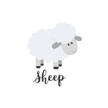 Flat color vector icon with cute animal for baby products - sheep. Cartoon style. Childrens doodle. Babyhood. Newborn. Vector illustration and element for your design, wallpaper. Zoo. Kids. Farm.