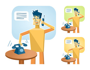 Illustration of a paper man answering the phone call. Call operator. Simple vector illustration