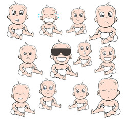 Set with cute little baby in diaper with different emotions. Various face expressions. Happy child, baby cry, toddler hold heart, sick child, sad boy, crying girl, screaming baby. Colorful vector.