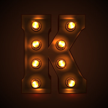Retro light bulb font. Metallic letter K