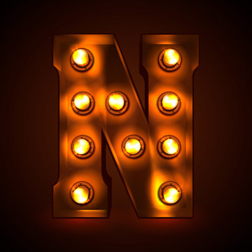 Retro light bulb font. Metallic letter N