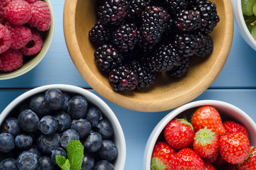 Fruit Varieties in Separate Bowls Overhead View