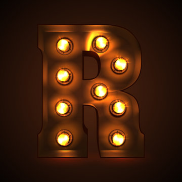Retro light bulb font. Metallic letter R