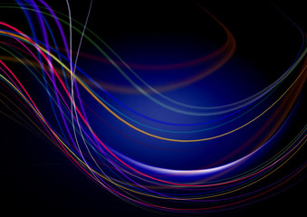  Abstract black background on the blue back light and falling concave colored stripes 
