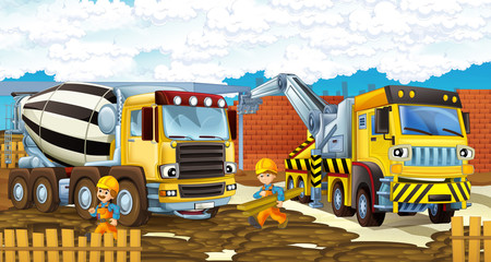 cartoon scene of a construction site with different heavy machines