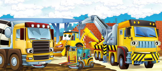cartoon scene of a construction site with different heavy machines