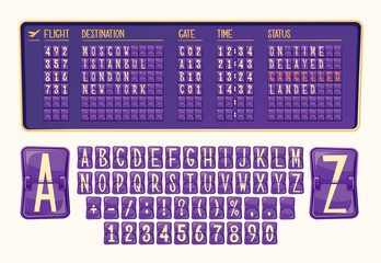 Vector illustration board of arrival and departure at the airport with various numbers and letters in cartoon style. Set of numbers and letters of the alphabet