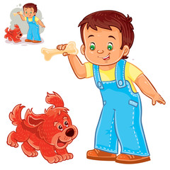 Vector illustration of a little boy holding a bone in his hand and playing with his puppy. Print