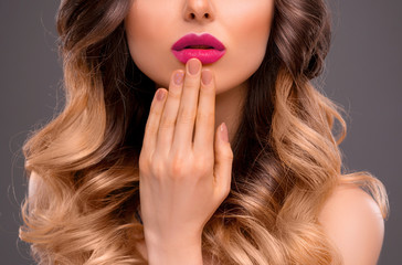 Pink Lips with Beige Nails. Fashion Make-up, Style and Cosmetics. Perfect Skin. Close Up