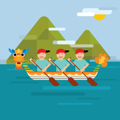 Dragon boat on the sea behind mountains in flat design style