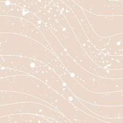Wave seamless pattern with thin stripes on beige, or almond color, background and white splashes. Vector illustration.