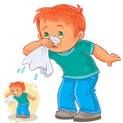 Vector illustration of a sick little boy blowing his nose in a handkerchief, respiratory allergy. Print