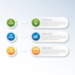 Vector illustration. An infographic template with 3 steps and an image of three rectangles and circles. Use for business presentations, education, web design. Place for text and icons