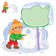 Vector winter illustration of a little boy rolling a snowball and building a snow fortress. Speech bubble