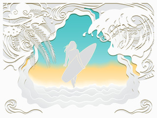 Paper art carving of ocean wave, Dolphin and beach.The girl walks along the sea sandy beach with a surfboard.Summer vacation background.