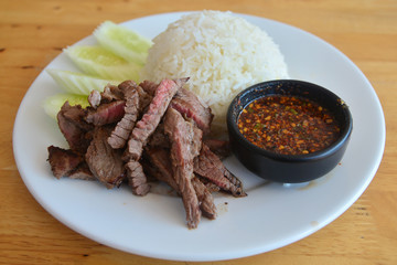 Roast beef with rice and spicy sauce, Thai gourmet cuisine