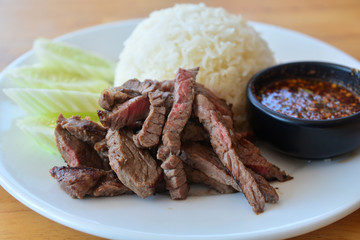 Roast beef with rice and spicy sauce, Thai gourmet cuisine