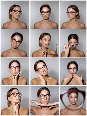 A set of portraits of a young woman wearing glasses with different happy emotions.