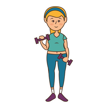 woman lifting dumbbells,  cartoon icon over white background. fitness lifestyle concept. colorful design. vector illustration