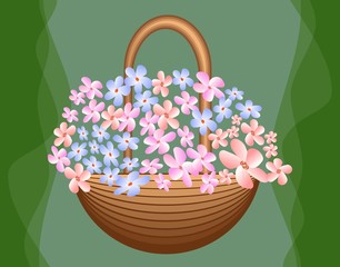 Fototapeta na wymiar Beautiful basket with cute blue and pink flowers on green background, greeting decoration, birthday party,
