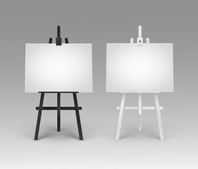 Vector Set of Wooden Black White Easels with Mock Up Empty Blank Horizontal Canvases Isolated