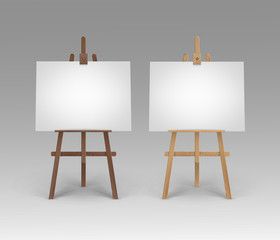 Vector Set of Wooden Brown Sienna Easels with Mock Up Empty Blank Horizontal Canvases on Background