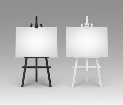 Vector Set of Wooden Black White Easels with Mock Up Empty Blank Horizontal Canvases Isolated
