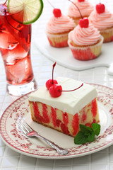 homemade cherry poke cake, cherry cupcake and shirley temple cocktail
