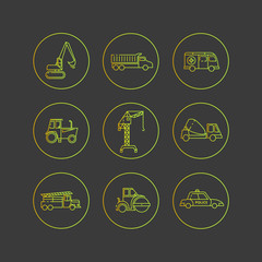 Flat outline vector icons of special transport.