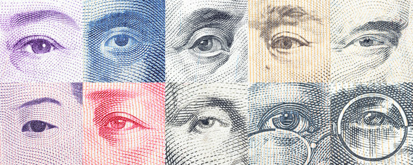 Portraits / images / the eyes of famous leader on banknotes, currencies of the most dominant countries in the world i.e. Japanese yen, US dollar, Chinese yuan, Australian dollar. Financial concept. - obrazy, fototapety, plakaty