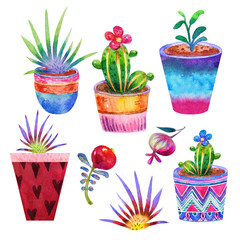 Cartoon watercolor flowers in pots illustration isolated on white background.Abstract cactus,Succulent,Berries, plants Hand drawing image.Children's style,,vintage,greeting cards,textiles