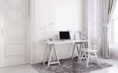 White modern room with  laptop computer on a desk,  home office workspace