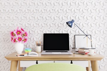 Modern room with  laptop computer on a desk,  home office workspace