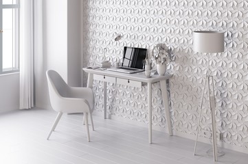 White modern room with  laptop computer on a desk,  home office workspace