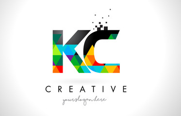 KC K C Letter Logo with Colorful Triangles Texture Design Vector.