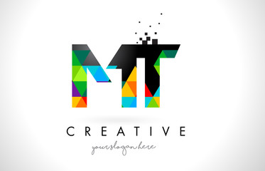 MT M T Letter Logo with Colorful Triangles Texture Design Vector.