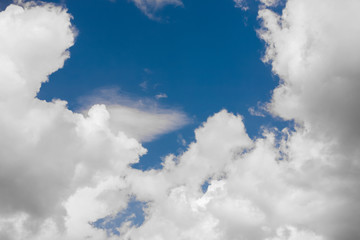 Blue sky and multiple heavy clouds on spring midday. Nature background.