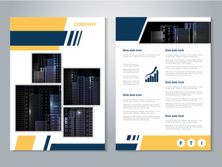 Vector modern brochure, abstract flyer with background of buildings. City scene. Layout template. Aspect Ratio for A4 size. Poster of yellow, dark blue, black and white color. Magazine cover.