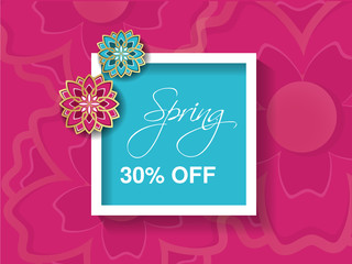 Vector spring sale background with colorful flower. Pink blue layout template. Card, banner, flyer, poster, brochure or voucher discount with white frame and blooms design. Promotion offer.